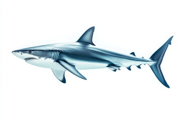 Fototapeta premium the beside view Thresher Shark, left side view, white copy space on right, Isolated on White Background