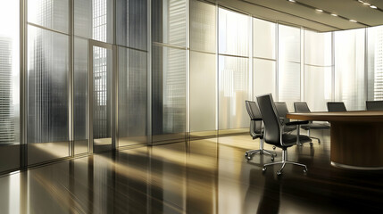 A modern conference room with large windows and sleek furniture, ideal for meetings.