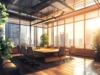 Modern office meeting room with large windows and city view during sunset.