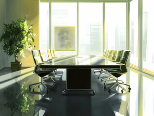 A modern conference room with a long table, chairs, and large windows letting in natural light.