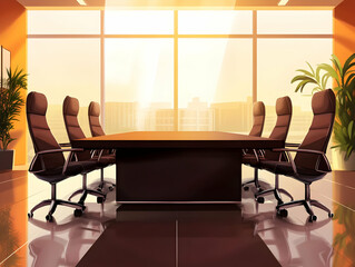 A modern conference room with a large table and ergonomic chairs, bathed in warm sunlight.