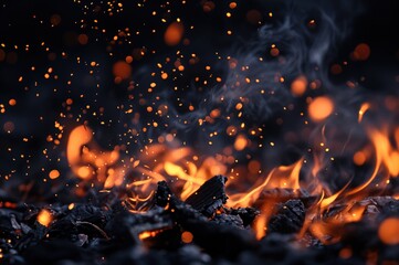 Burning flames and glowing sparks flying on dark background