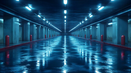 Wet Parking Garage with Fluorescent Lights 3D Illustration