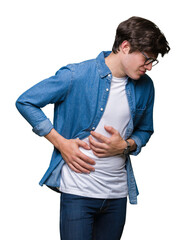 Young handsome man wearing glasses over isolated background with hand on stomach because nausea,...