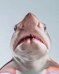 the Goblin Shark, portrait view, white copy space on right, Isolated on white Background