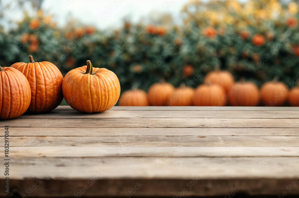 Poster three pumpkins are sitting on a rustic wooden table with a pumpkin patch in the background