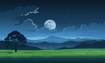 Meadow night landscape with moon and trees