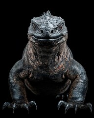 Obraz premium the Marine Iguana, portrait view, white copy space on right, Isolated on black Background