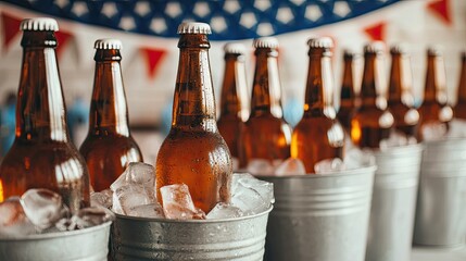 A row of chilled beer bottles in metal buckets, surrounded by festive decorations, ideal for a celebration or party scene.