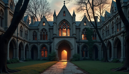 Obraz premium Historic Gothic Cathedral with Sunset Behind Trees