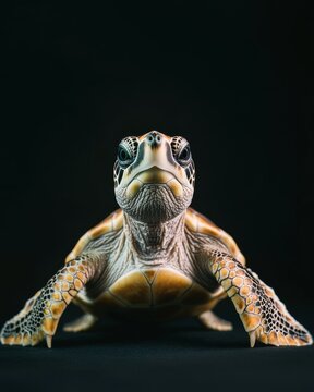 the Sea Turtles, portrait view, white copy space on right, Isolated on black Background