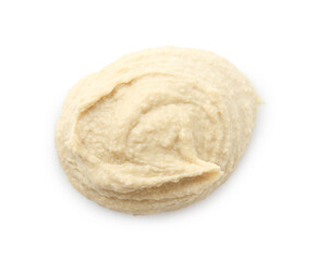 Sample of delicious hummus isolated on white, top view