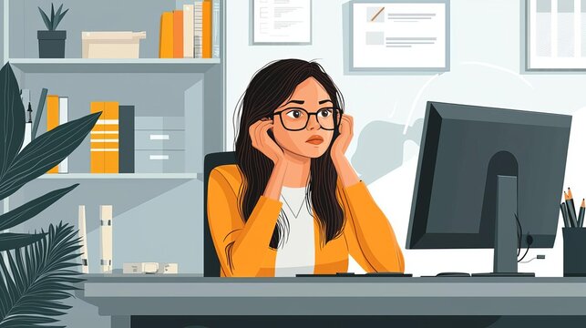 Business Working Woman Burnout Overworked businesswoman staring at a computer screen, coffee cups scattered, 3D illustration, no face