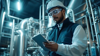 An engineer with a digital tablet, inspecting machinery components in a futuristic petrochemical processing facility.