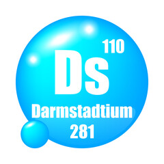 Darmstadtium icon. Ds chemical element. Atomic number 110. Mass 281. Shiny blue sphere.