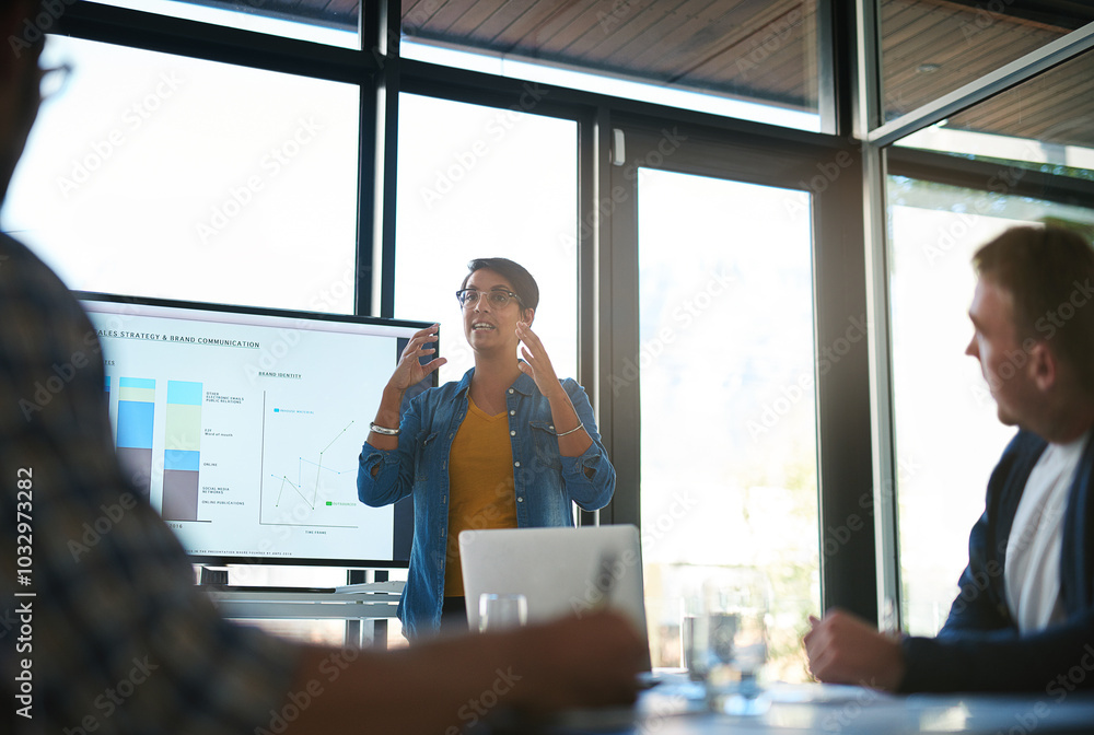 Poster business woman, presentation and charts in office with group for b2b strategy, speech and graphs. pe