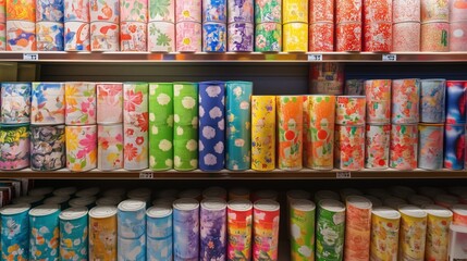 Colorful recyclable wraps encasing retail shelf products packaging display. AI generated