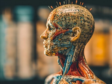 Detailed Anatomical Model with Acupuncture Points Stimulation on Calm Earthy Toned Background