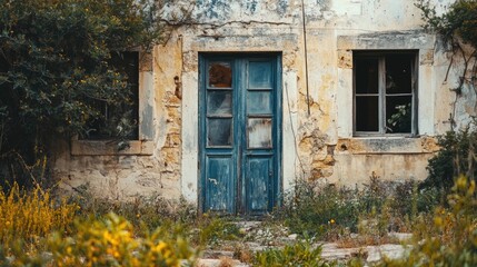 Abandoned Blue Door in a Field of Wildflowers