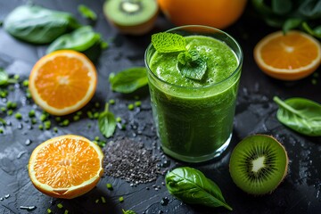 Fototapeta premium A glass of green smoothie next to sliced oranges and kiwi