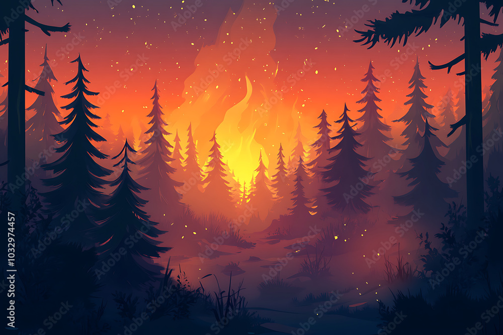 Poster a stylized forest scene illuminated by a large fire, creating a dramatic and atmospheric effect.