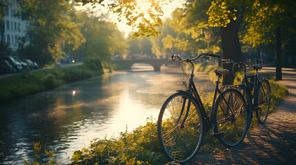 Fototapeta premium A Scene of Multiple Bicycles Neatly Parked by a Peaceful Riverbank, Showcasing the Harmony Between Urban Biking Culture and Nature