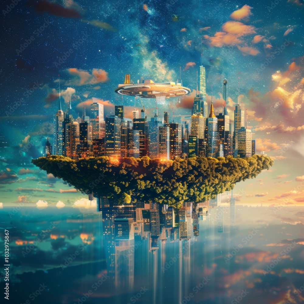 Poster fantasy island floating in the air with 5g network wireless systems and internet of things , smart c