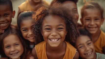 Fototapeta premium A group of happy multiethnic children laughing and posing for the camera, showing their bright smiles in close up view.