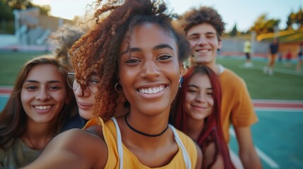 Fototapeta premium A group of multiethnic students taking a selfie at the sports field, smiling and looking into the camera, with a football court in the background