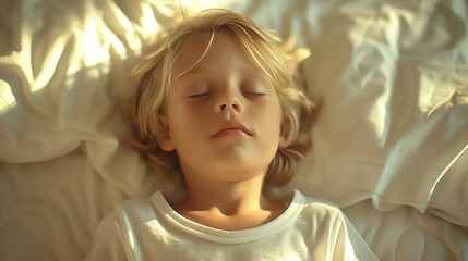 A little boy sleeping on the bed, white background, close-up shot of his face and head in profile view, wearing a white t-shirt with blonde hair, natural light