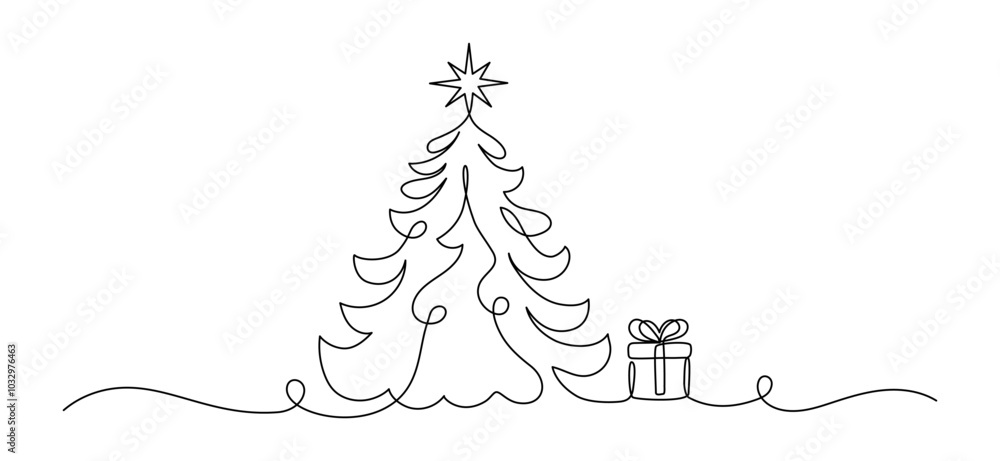 Aufkleber One continuous line drawing of Christmas tree with star on top. Festive pine plant and gift box in simple linear style.Editable stroke. Doodle monoline vector illustration