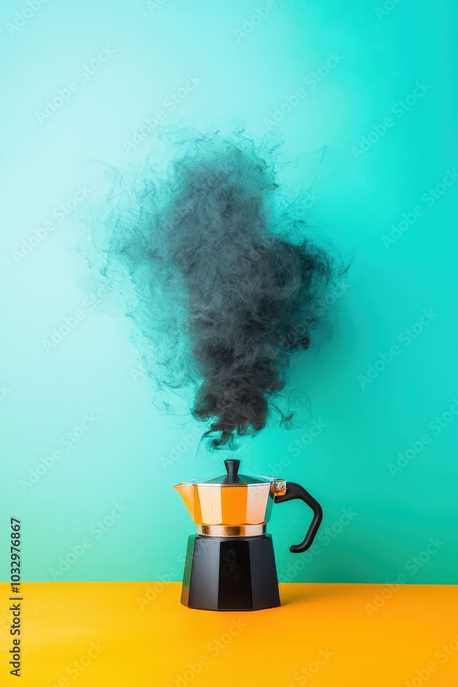 Poster moka pot with steam creating abstract forms against a colorful background