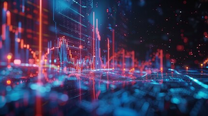 An artistic representation of stock market charts and graphs, showcasing the dynamic nature of financial data over time on a dark blue background.