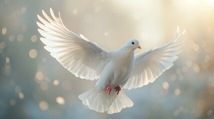Beautiful white dove with open wings flying isolated on the light background