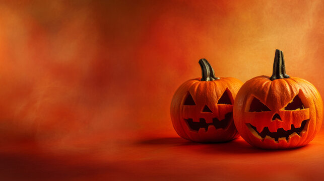 3D halloween pumpkins jack-o-lantern illustration decoration orange brushstrokes texture background with copy space