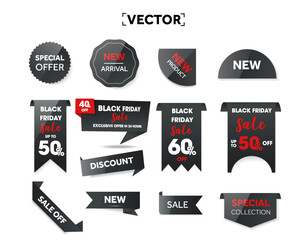 Black Friday sale badges and labels, isolated on white background. Black Friday discount banner sticker set with precent price off. Sticker template. Vector illustration. Vector illustration
