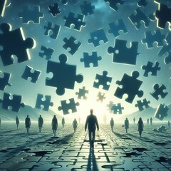 Puzzles flying in the sky and silhouettes of people looking for their way
