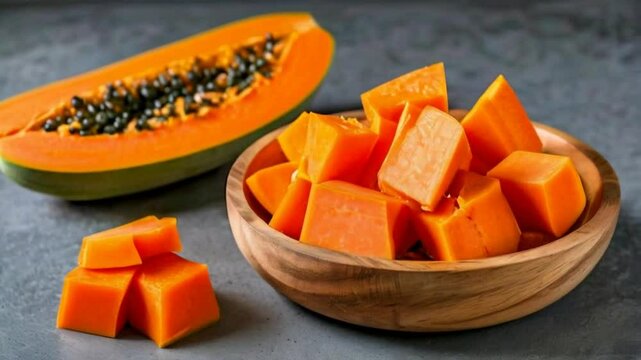 Papaya slice in a wooden bowl. Papaya is a tropical fruit with sweet, orange flesh, black seeds, high in vitamin C and antioxidants. 