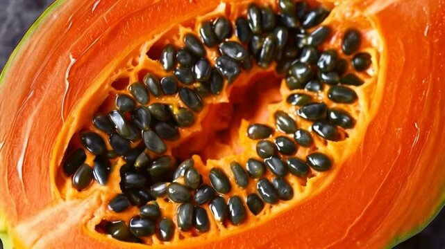 Papaya cross section. Papaya is a tropical fruit with sweet, orange flesh, black seeds, high in vitamin C and antioxidants. 