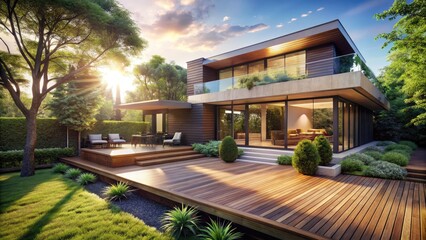 Fototapeta premium Modern Home Exterior with Stylish Wooden Deck Surrounded by Lush Greenery, Contemporary Architecture, and Serene Outdoor Living Space