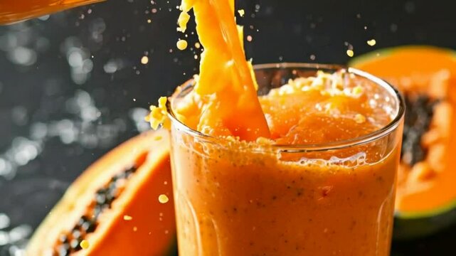Papaya juice pouring and splashing into a glass. Papaya juice is a sweet, tropical beverage, rich in vitamins A and C, with a vibrant orange color. 
