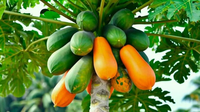 Papaya tree with papaya fruits. Papaya tree is a tropical plant with broad leaves, producing large, oval fruits with sweet, orange flesh. 