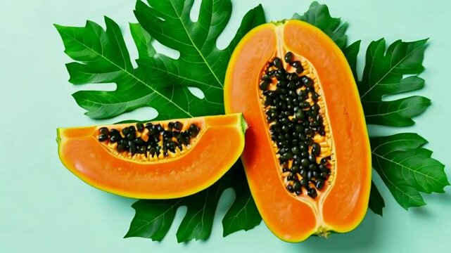 Papaya slices with leaves. Papaya is a tropical fruit with sweet, orange flesh, black seeds, high in vitamin C and antioxidants. 