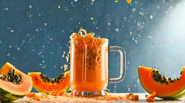 Papaya juice pours and explodes into a glass. Papaya juice is a sweet, tropical beverage, rich in vitamins A and C, with a vibrant orange color. 