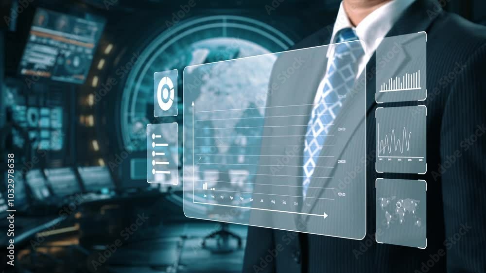 Poster business person delve into data analytics to uncover trends and insights from predictive big data mo