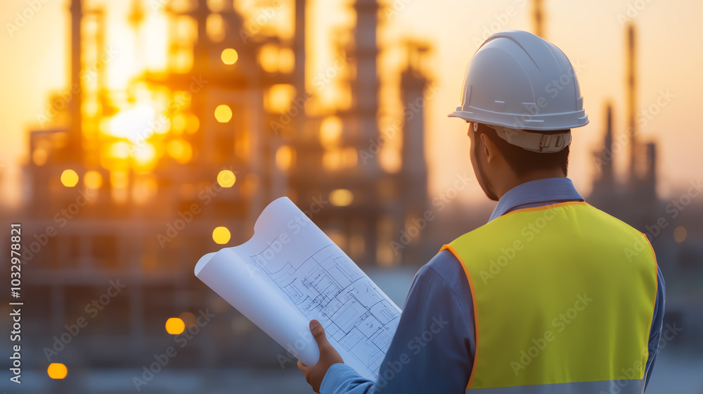 Wall mural a construction worker examines blueprints at an industrial site during sunset, showcasing the blend 