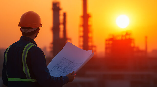 A construction worker in a hard hat reviews blueprints at sunset, surrounded by industrial silhouettes against a vibrant orange sky.