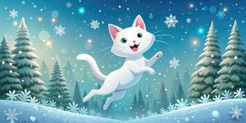 Playful White Cat Leaping in a Winter Wonderland - Cartoon Illustration of Festive Animals in a Snowy Landscape