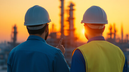 Two workers in hard hats discuss operations at a sunset-reflecting industrial site, showcasing teamwork and safety in a vibrant environment.