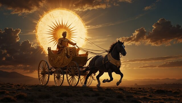 Depict Helios holding a sun chariot, driving the solar carriage across the sky, set against dawn and radiant sunlight, symbolizing the power of light and sunrise.